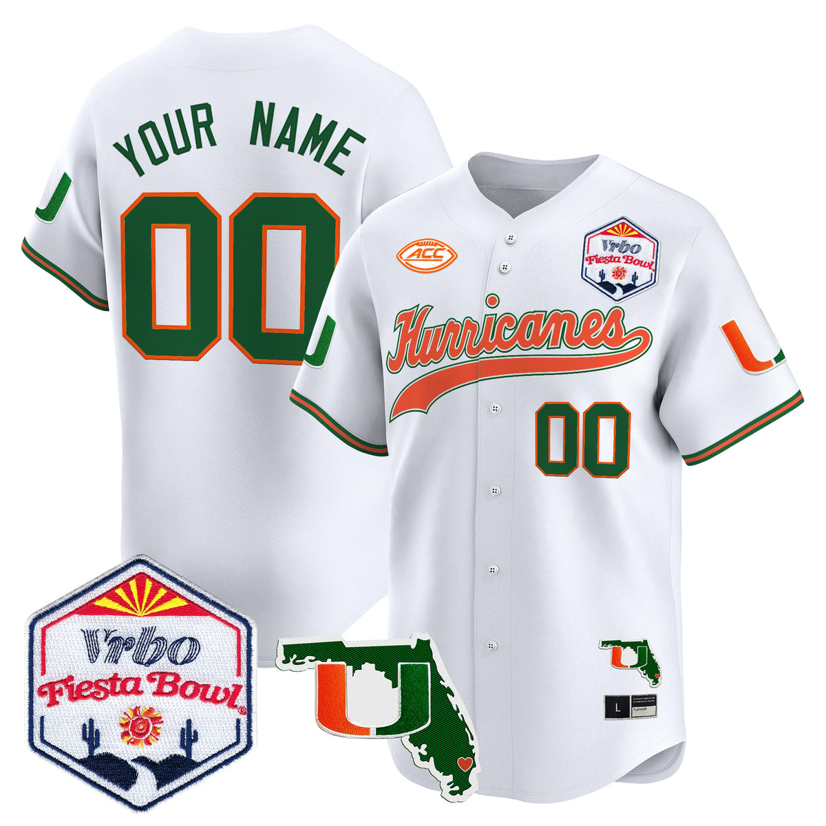 Miami Hurricanes 2026 The Fiesta Bowl & Florida Patch Vapor Baseball Custom Jersey - All Stitched