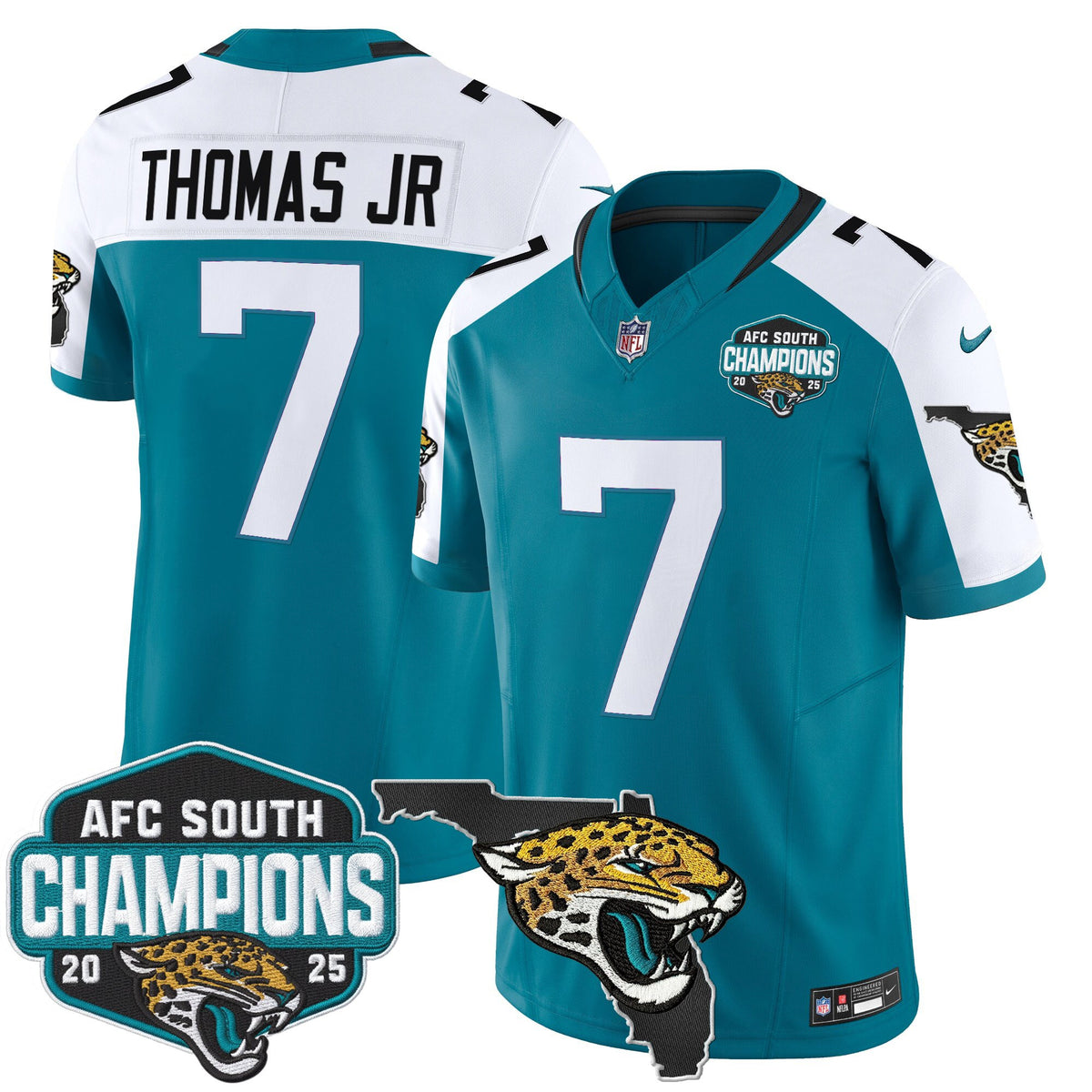 Men's Jacksonville Jaguars 2025 AFC South Division Champions & Florida Patch Vapor Jersey - All Stitched