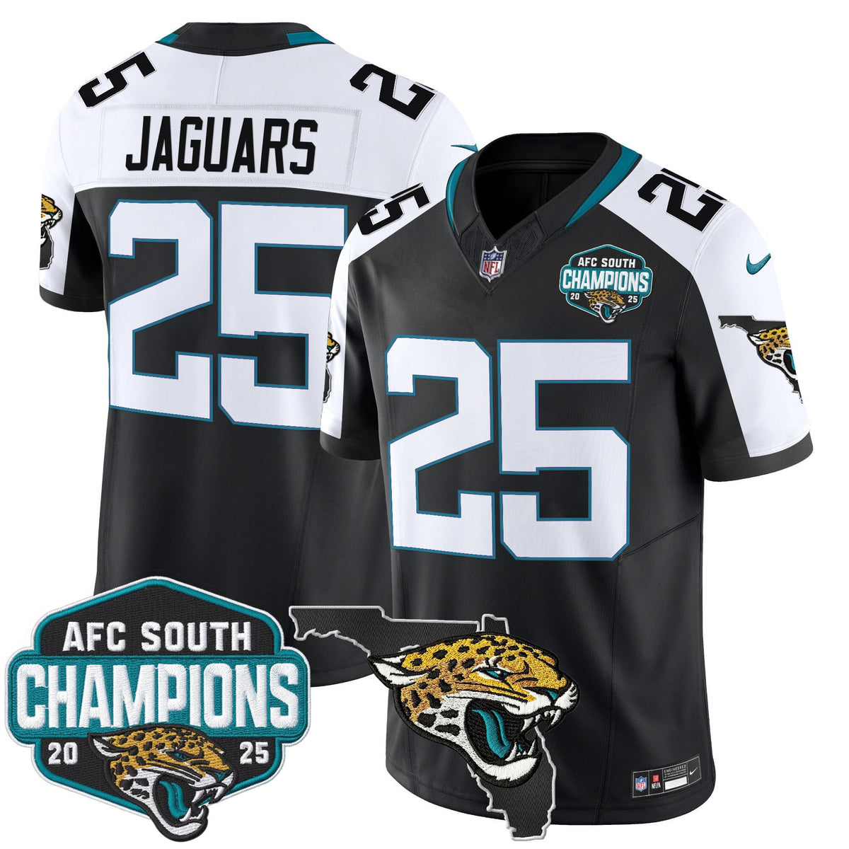 Men's Jacksonville Jaguars 2025 AFC South Division Champions & Florida Patch Vapor Jersey - All Stitched