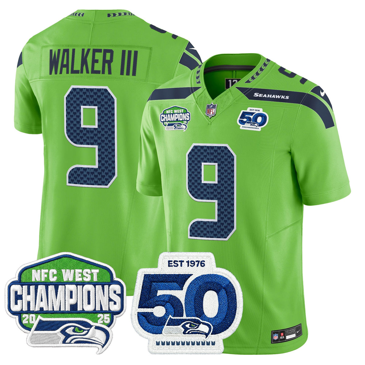 Men's Seattle Seahawks 2025 NFC West Division Champions & 50th Anniversary Patch Vapor Limited Jersey - All Stitched