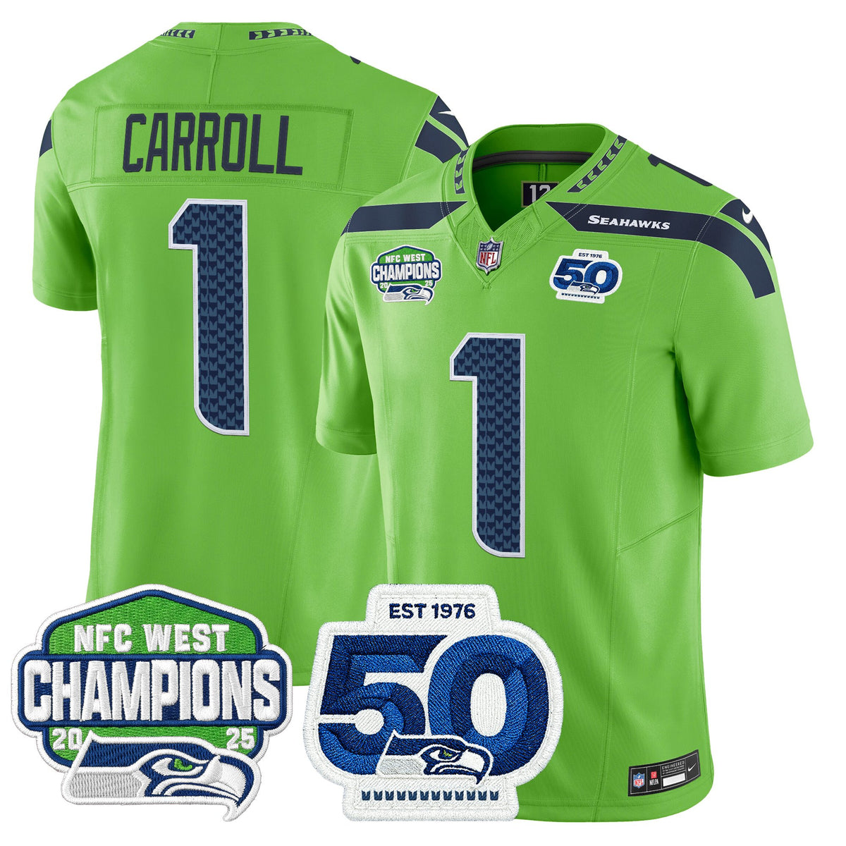 Men's Seattle Seahawks 2025 NFC West Division Champions & 50th Anniversary Patch Vapor Limited Jersey - All Stitched