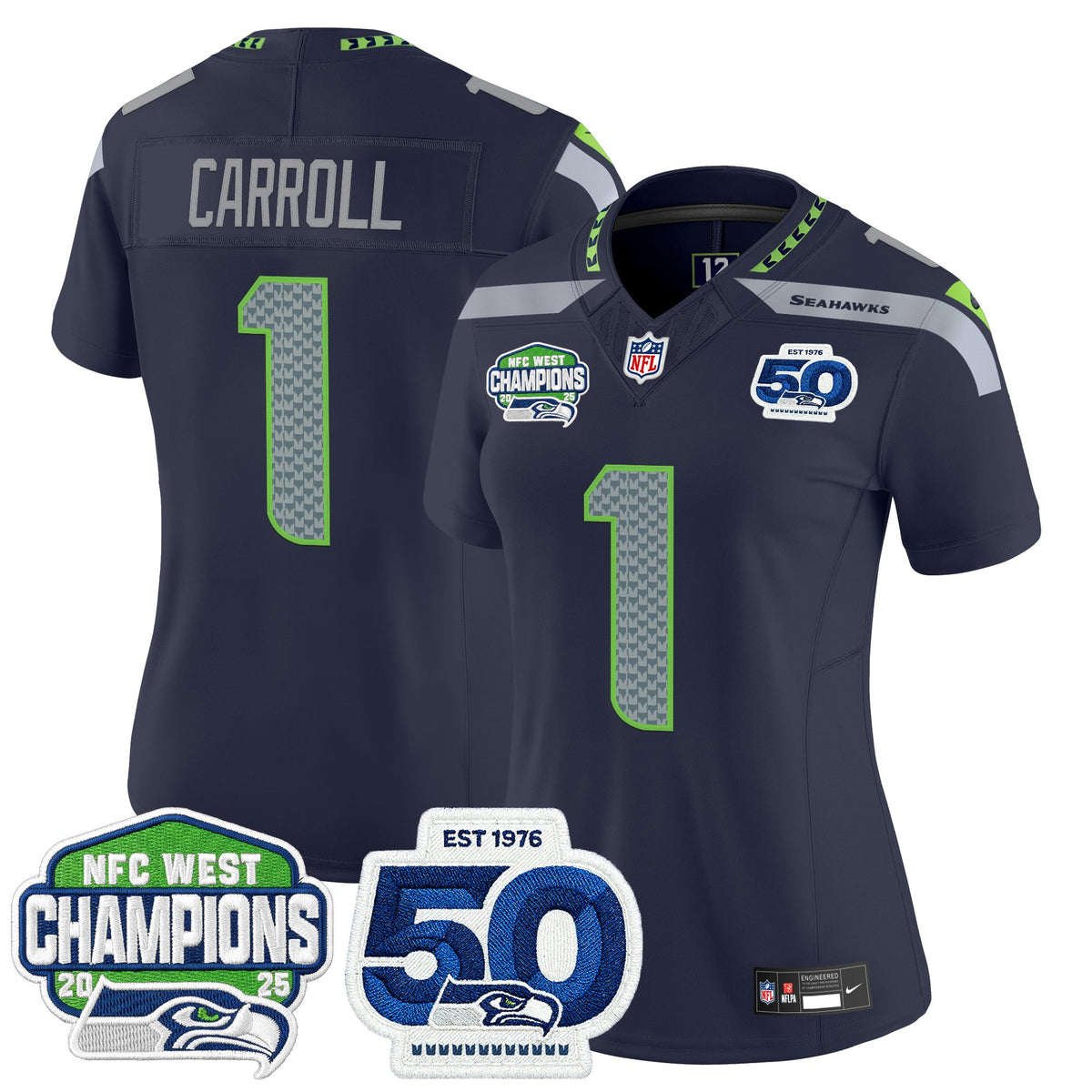 Women's Seattle Seahawks 2025 NFC West Division Champions & 50th Anniversary Patch Vapor Limited Jersey - All Stitched
