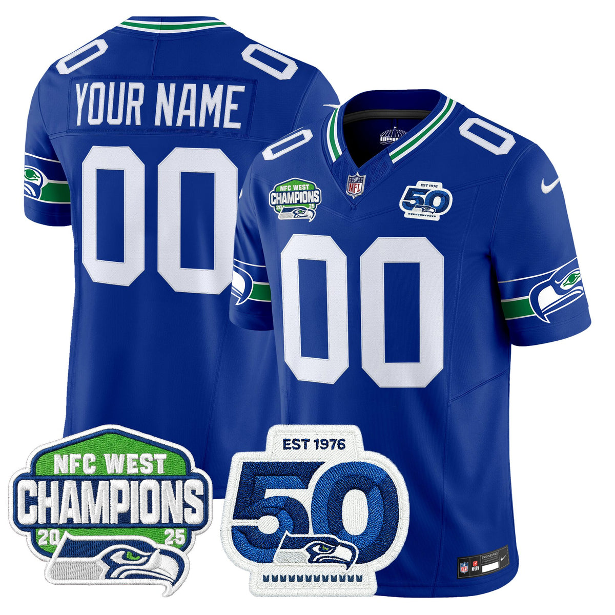 Seattle Seahawks 2025 NFC West Division Champions & 50th Anniversary Patch Vapor Limited Custom Jersey - All Stitched