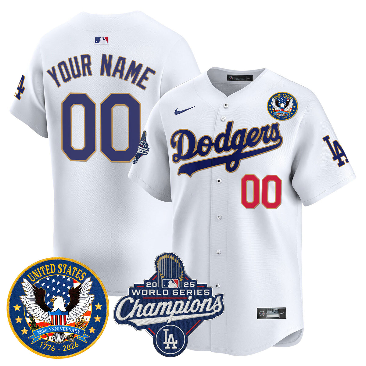 Dodgers 2025 World Series Champions & America 250th Patch Vapor Premier Limited Custom Jersey - All Stitched