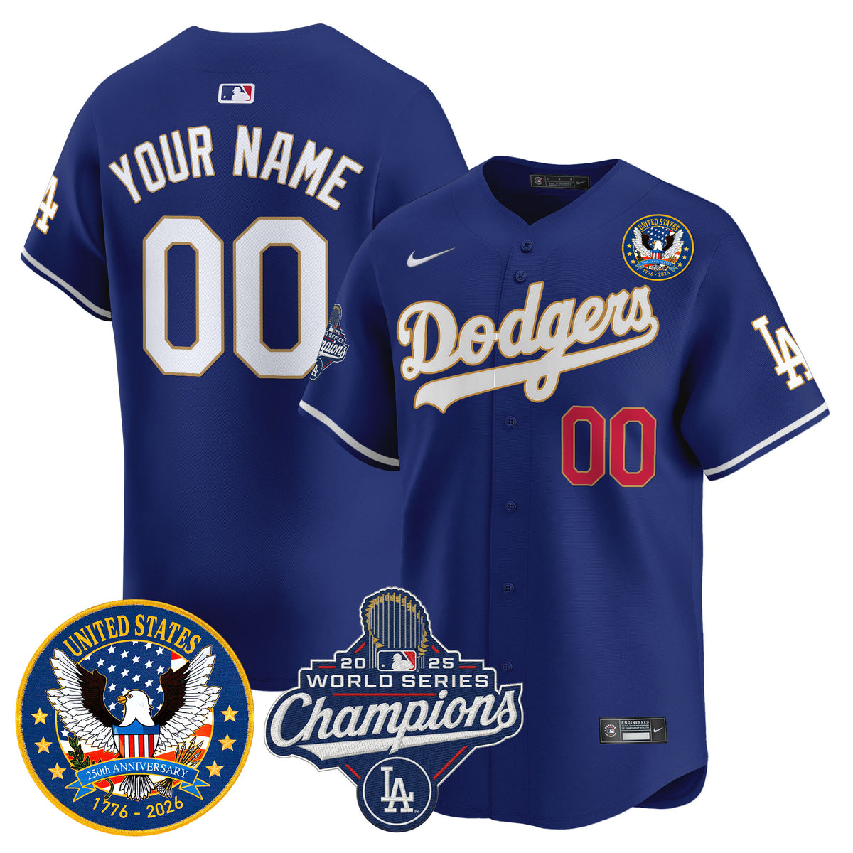 Dodgers 2025 World Series Champions & America 250th Patch Vapor Premier Limited Custom Jersey - All Stitched