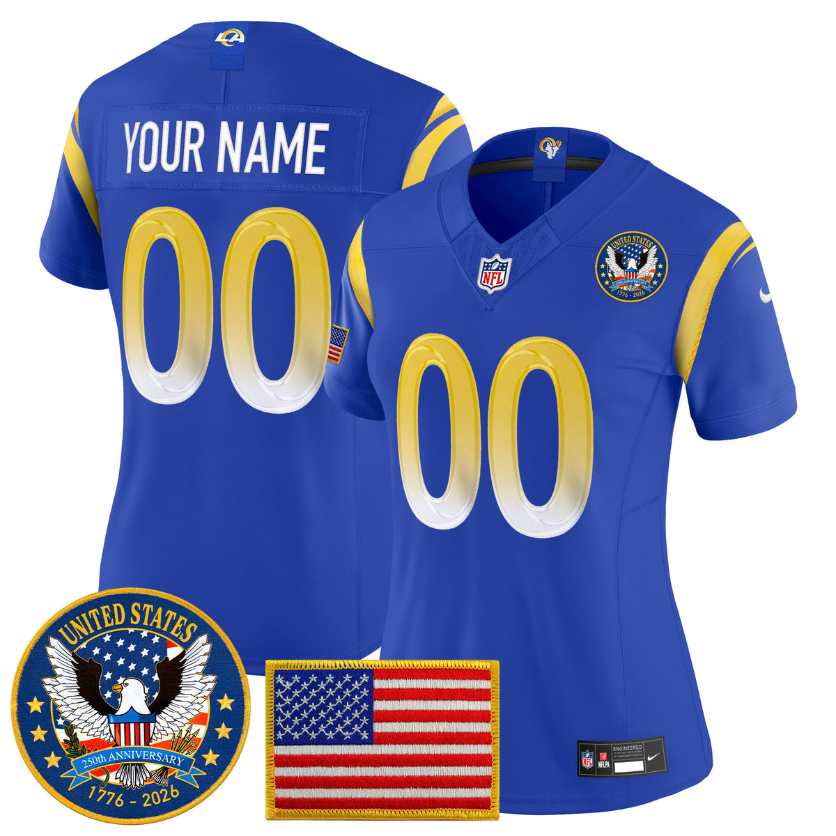 Los Angeles Rams 2025 "United States 250th Anniversary Patch" Vapor Limited Custom Jersey - All Stitched