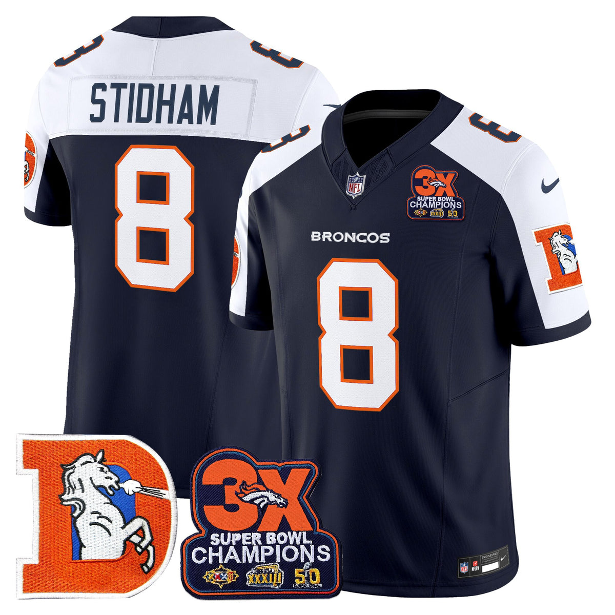 Men's Denver Broncos Throwback Vapor Limited Jersey - 3-Time Champions Patch - All Stitched