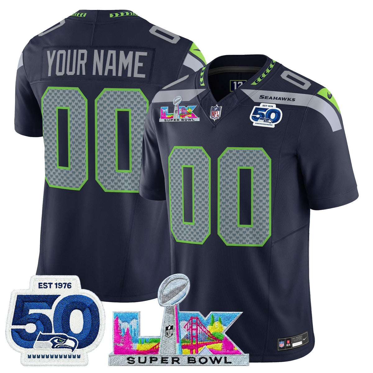 Seattle Seahawks "Super Bowl LX & 50th Patch" Vapor Limited Custom Jersey - All Stitched