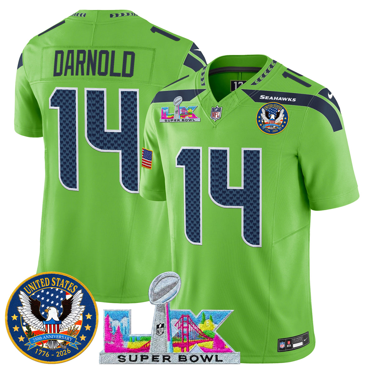 Men's Seattle Seahawks "Super Bowl LX & United States 250th Patch" Vapor Limited Jersey - All Stitched