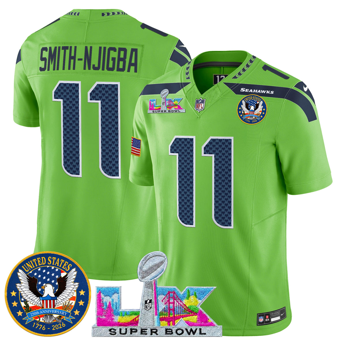 Men's Seattle Seahawks "Super Bowl LX & United States 250th Patch" Vapor Limited Jersey - All Stitched