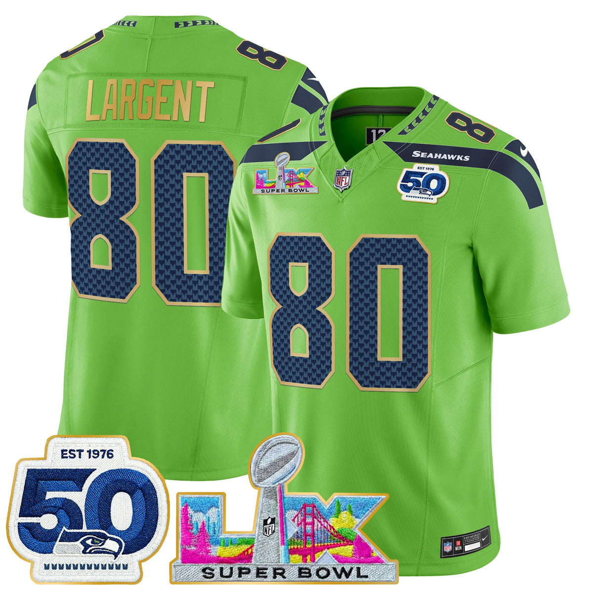 Men's Seattle Seahawks "Super Bowl LX & 50th Patch" Gold Trim Vapor Limited Jersey - All Stitched