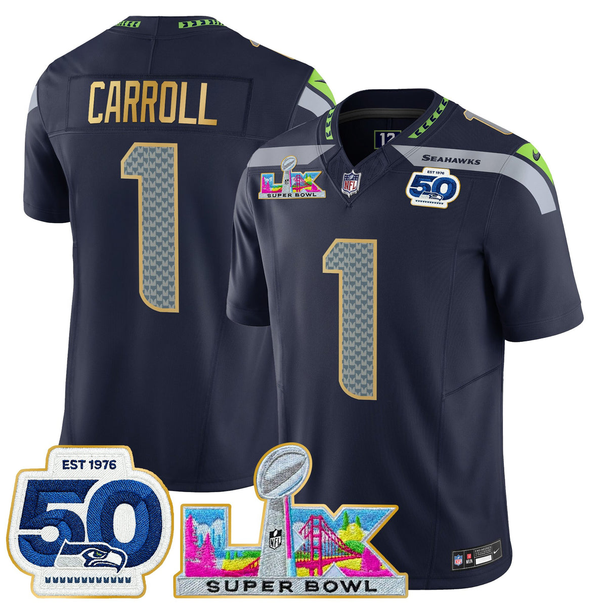 Men's Seattle Seahawks "Super Bowl LX & 50th Patch" Gold Trim Vapor Limited Jersey - All Stitched
