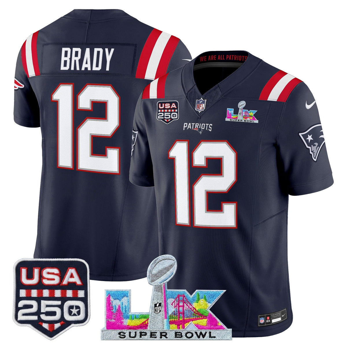 Men's New England Patriots "Super Bowl LX & United States 250th Anniversary Patch" Vapor Limited Jersey - All Stitched