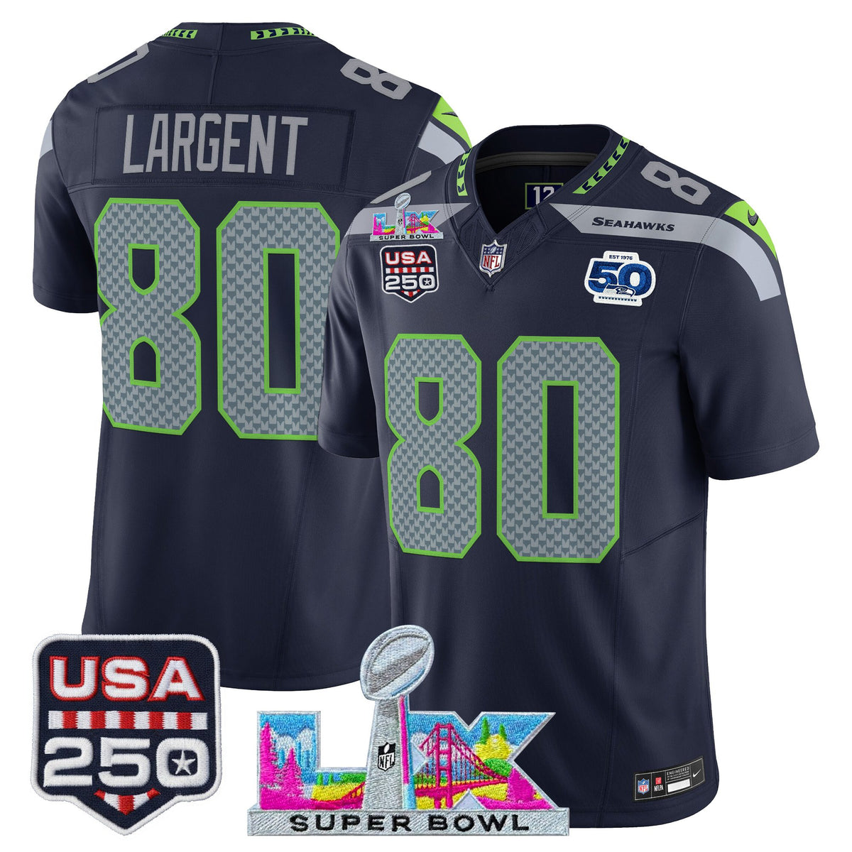 Men's Seattle Seahawks "Super Bowl LX & United States 250th Anniversary Patch" Vapor Limited Jersey - All Stitched