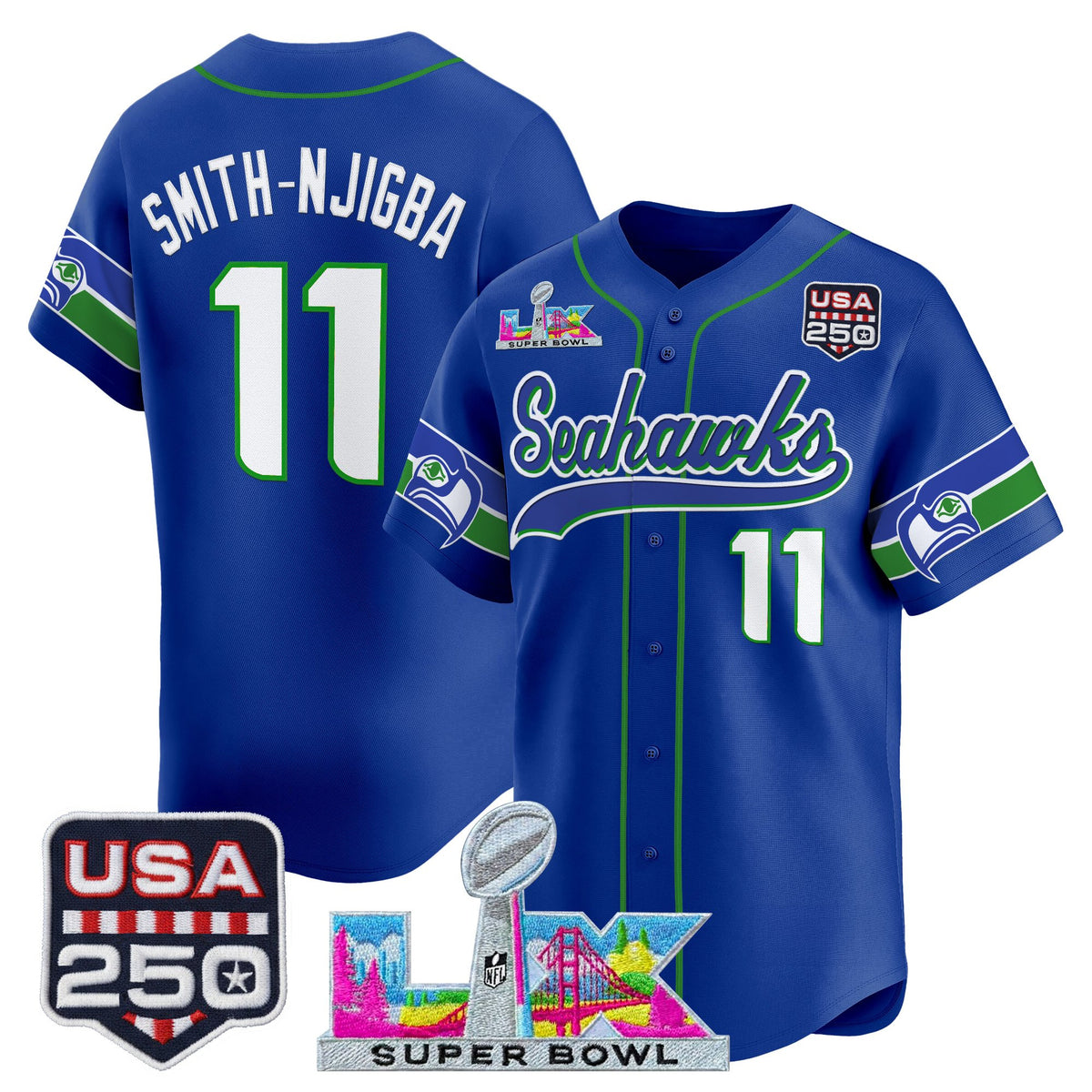 Men's Seattle Seahawks "Super Bowl LX & 250America Patch" Vapor Baseball Jersey - All Stitched