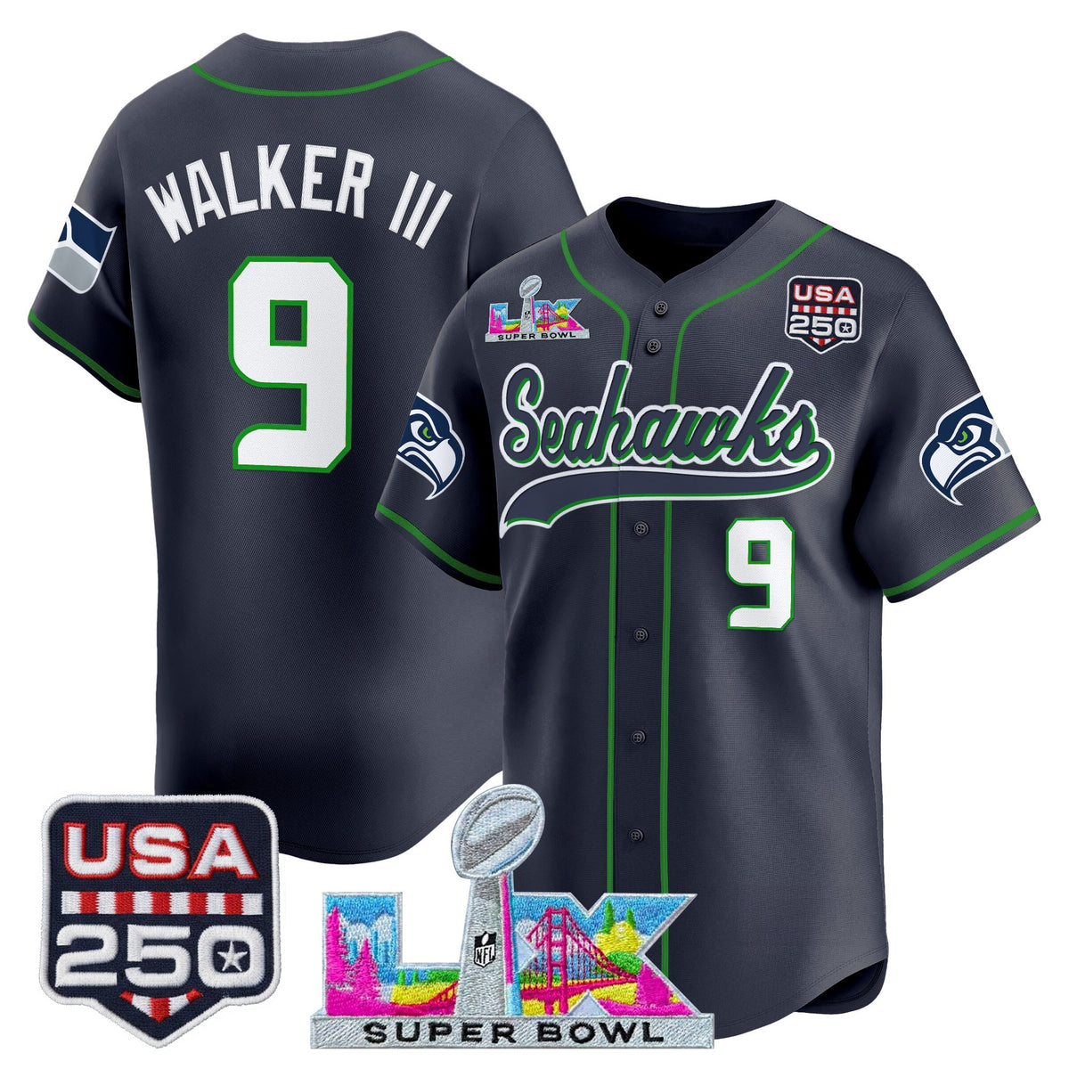 Men's Seattle Seahawks "Super Bowl LX & 250America Patch" Vapor Baseball Jersey - All Stitched