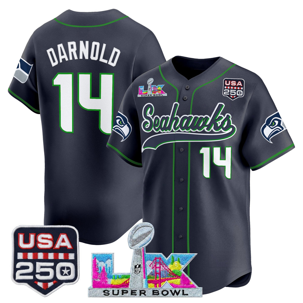 Men's Seattle Seahawks "Super Bowl LX & 250America Patch" Vapor Baseball Jersey - All Stitched