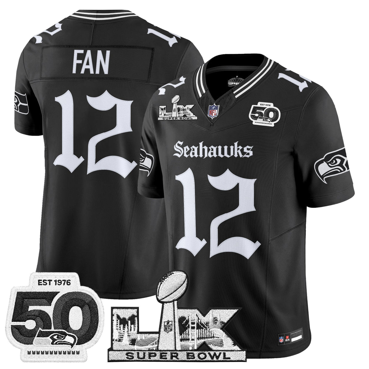 Men's Seattle Seahawks "Super Bowl LX & 50th Patch" Vapor Limited Jersey - Gothic Edition - All Stitched
