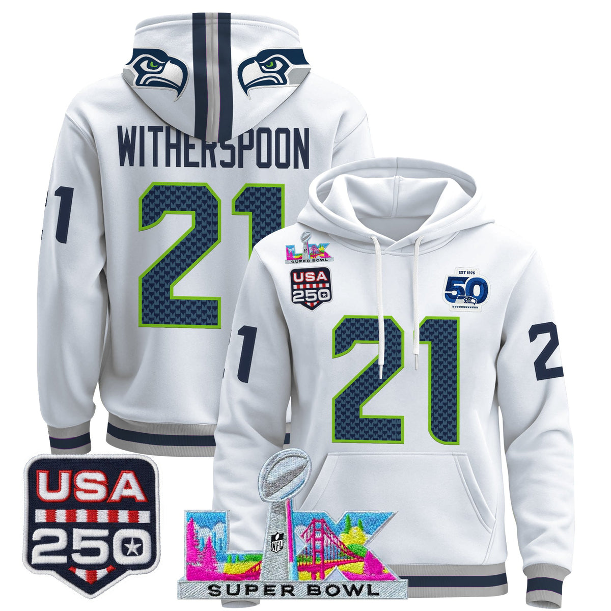 Men's Seattle Seahawks "Super Bowl LX & United States 250th Anniversary Patch" Premier Hoodie - All Stitched
