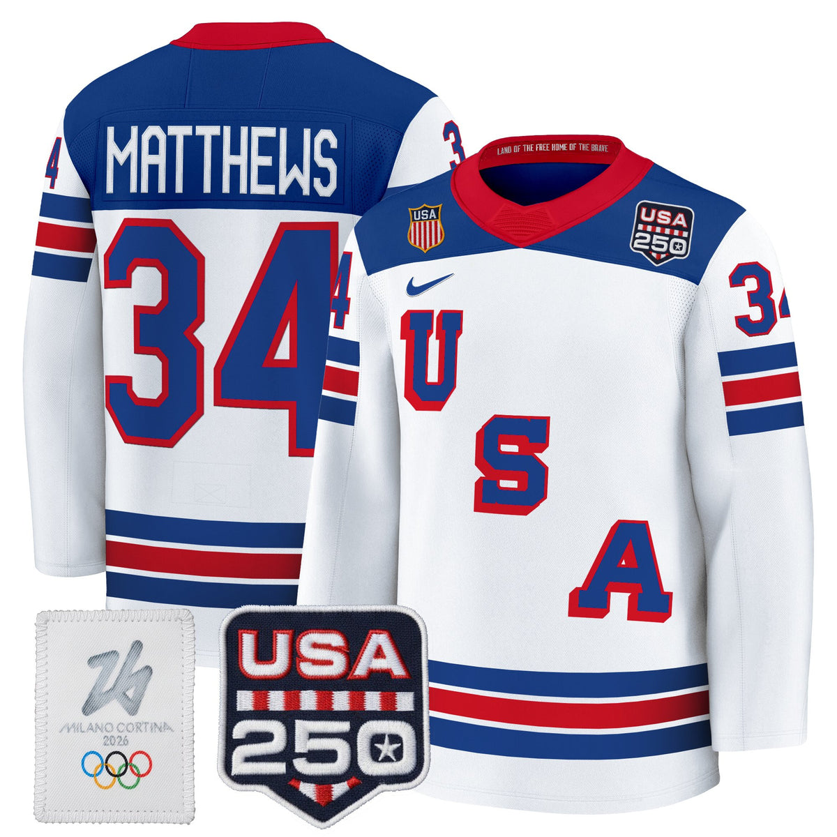 Men's 2026 USA Olympic 250America Patch Premium Hockey Jersey - All Stitched