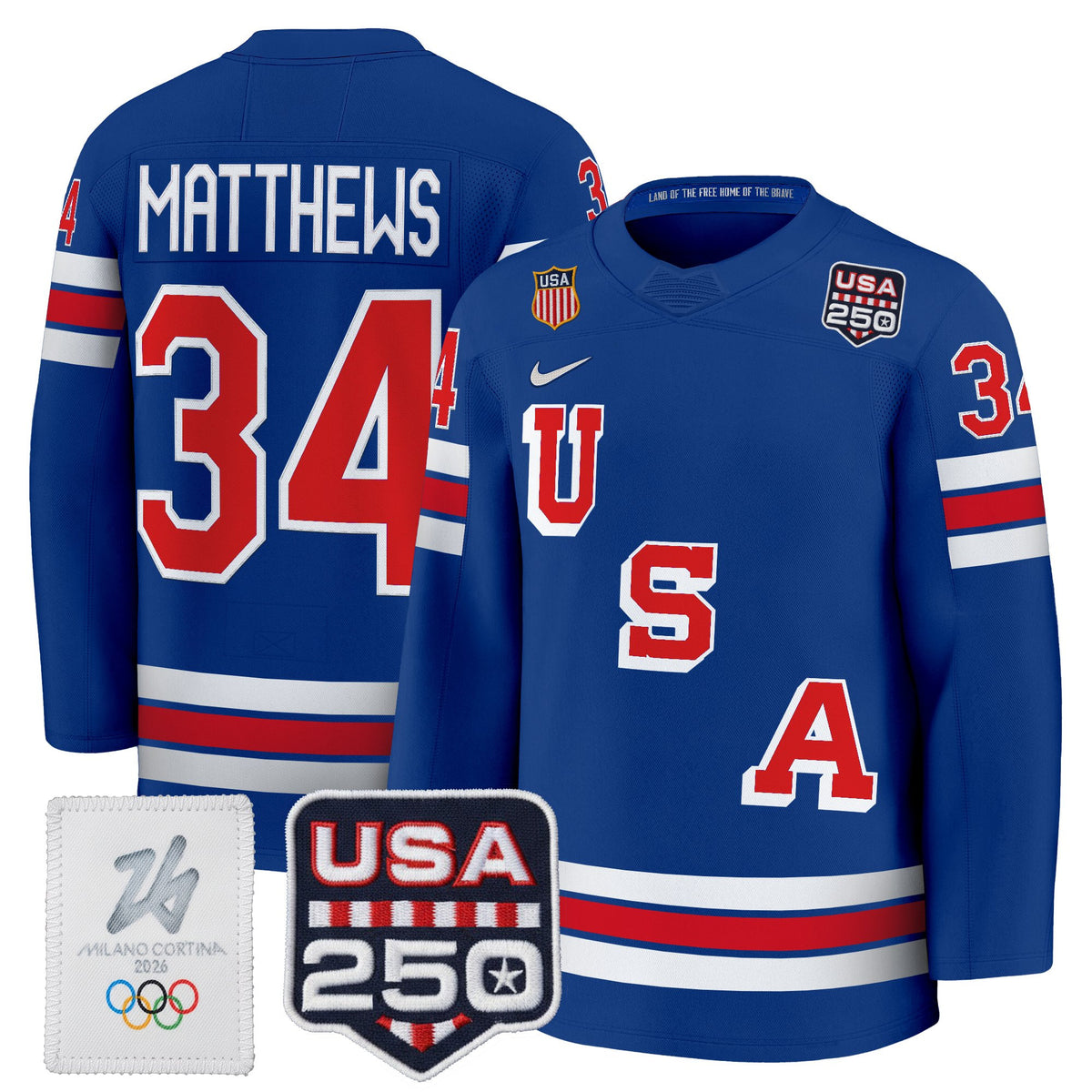 Men's 2026 USA Olympic 250America Patch Premium Hockey Jersey - All Stitched