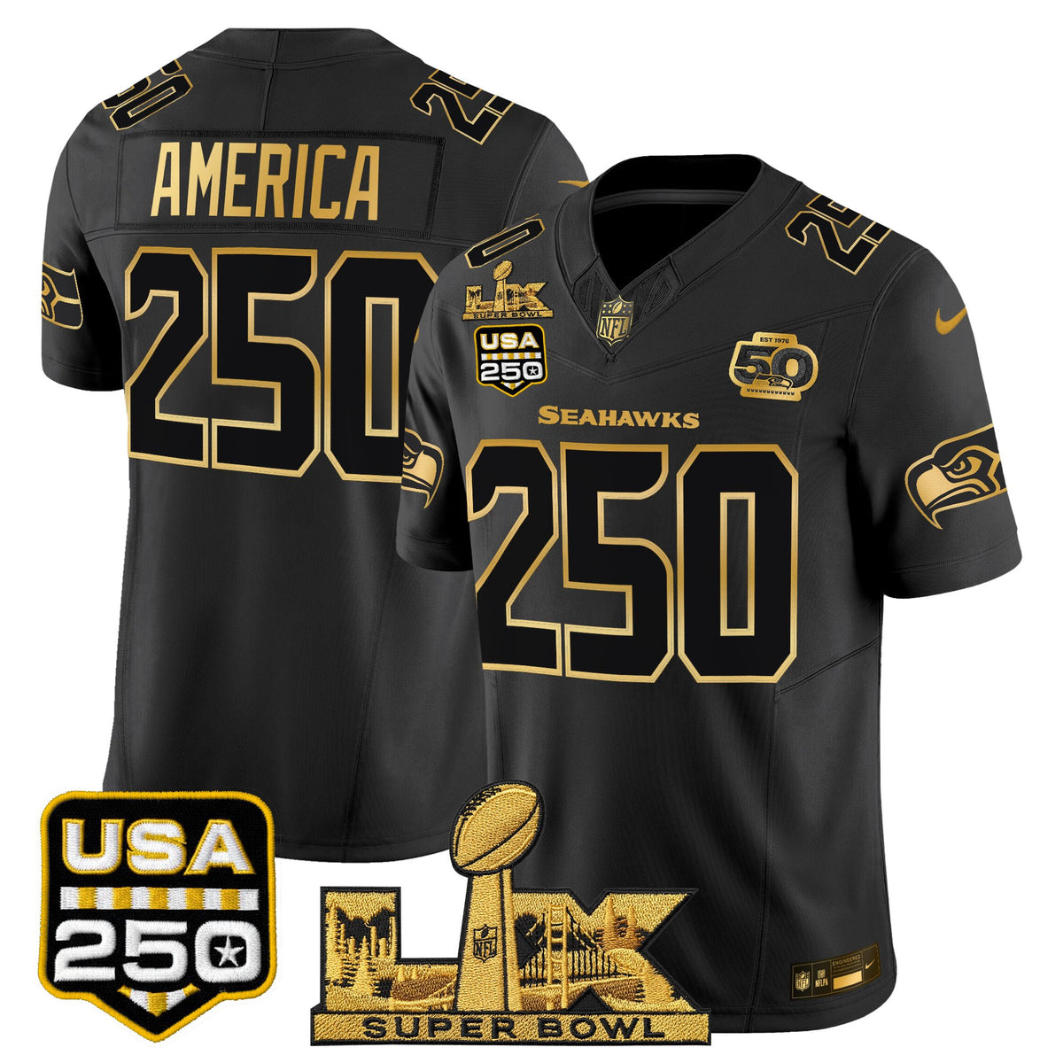 Men's Seattle Seahawks "Super Bowl LX & United States 250th Anniversary Patch" Gold Vapor Limited Jersey - All Stitched