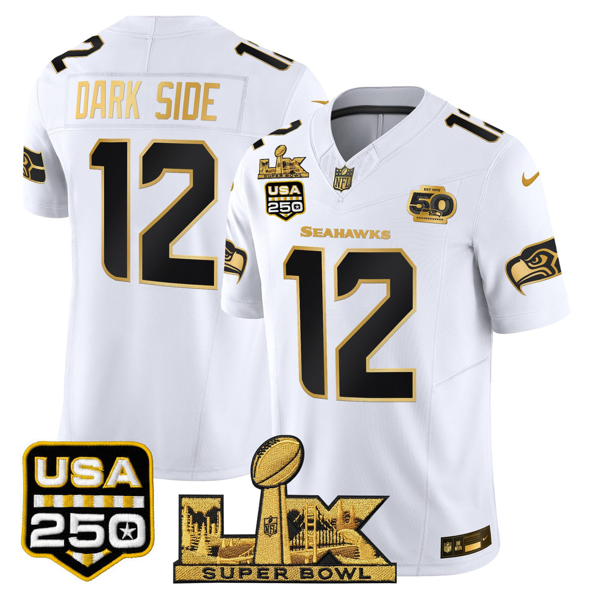 Men's Seattle Seahawks "Super Bowl LX & United States 250th Anniversary Patch" Gold Vapor Limited Jersey - All Stitched