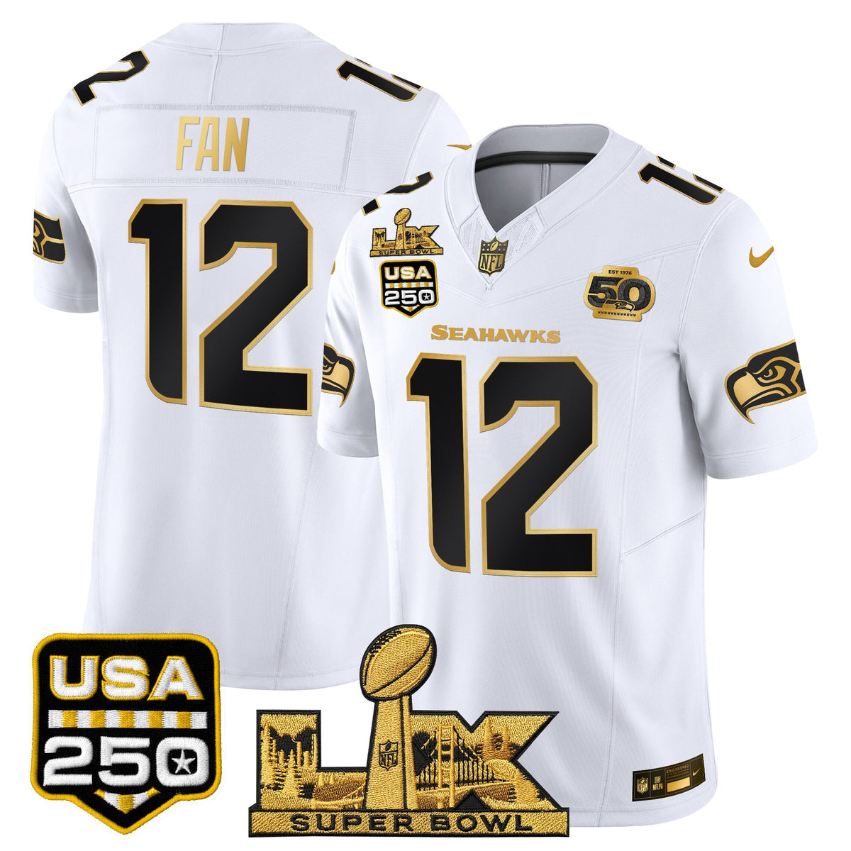 Men's Seattle Seahawks "Super Bowl LX & United States 250th Anniversary Patch" Gold Vapor Limited Jersey - All Stitched