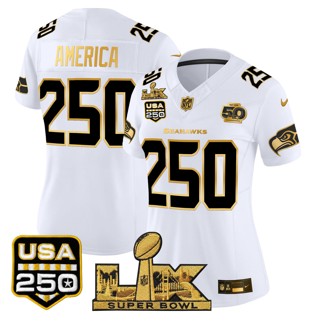 Women's Seattle Seahawks "Super Bowl LX & United States 250th Anniversary Patch" Gold Vapor Limited Jersey - All Stitched