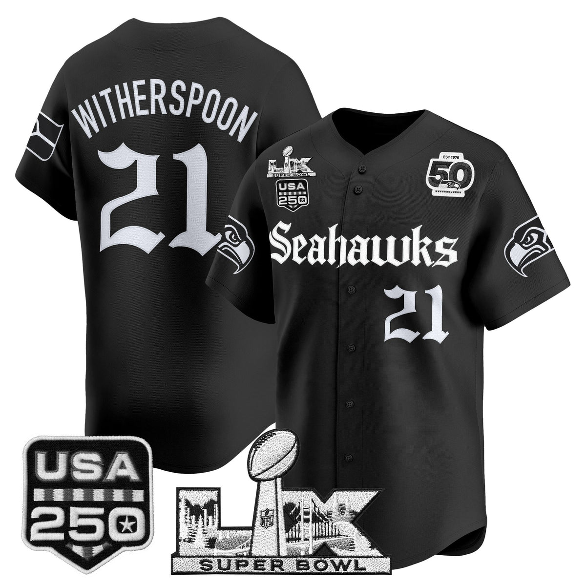 Men's Seattle Seahawks “Super Bowl LX & 50th Patch” Vapor Baseball Jersey - Gothic Edition - All Stitched