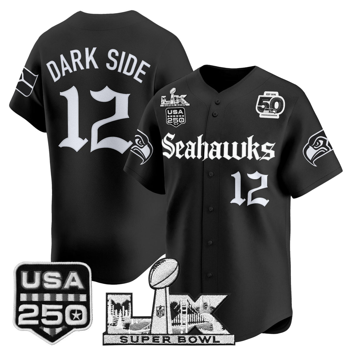 Men's Seattle Seahawks “Super Bowl LX & 50th Patch” Vapor Baseball Jersey - Gothic Edition - All Stitched