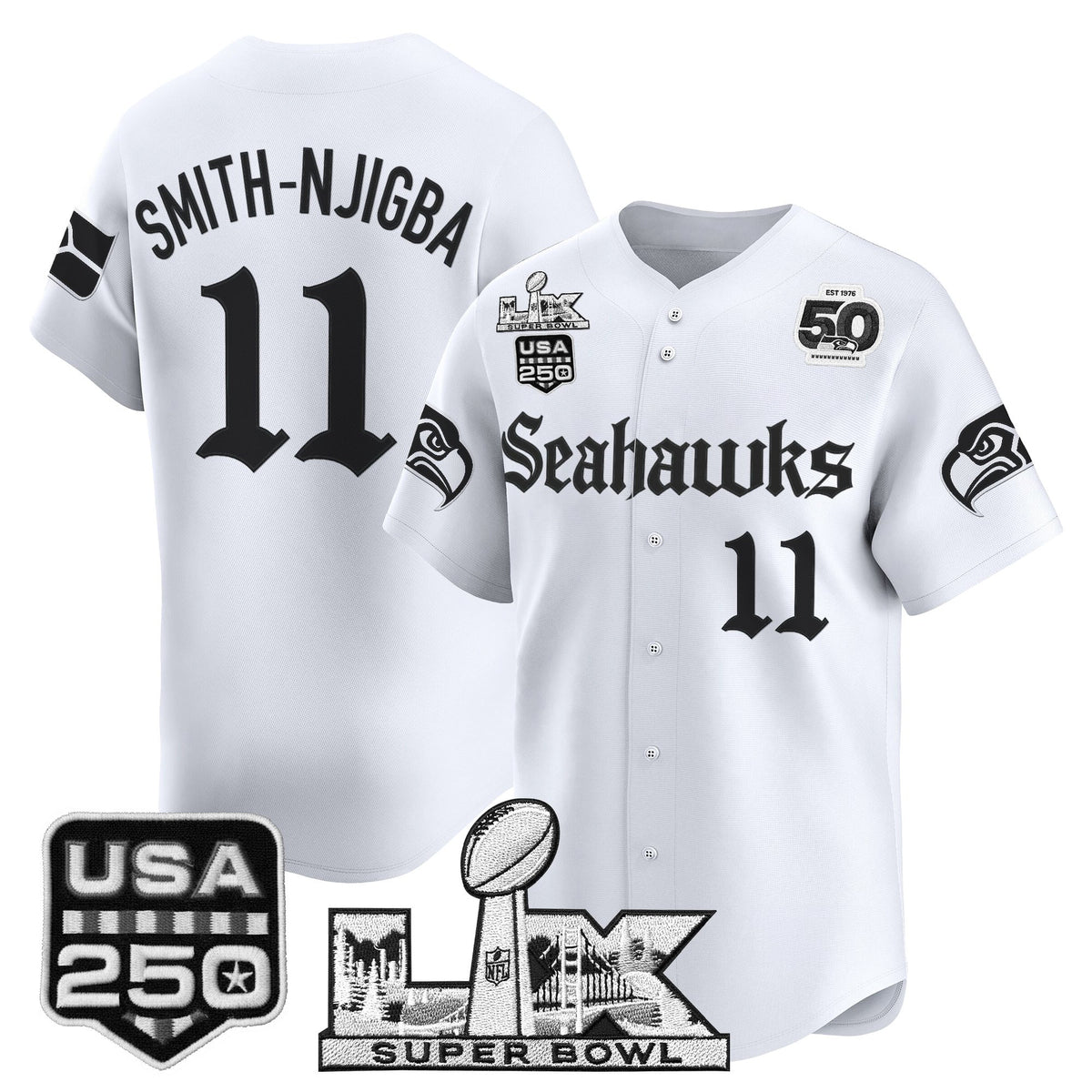 Men's Seattle Seahawks “Super Bowl LX & 50th Patch” Vapor Baseball Jersey - Gothic Edition - All Stitched