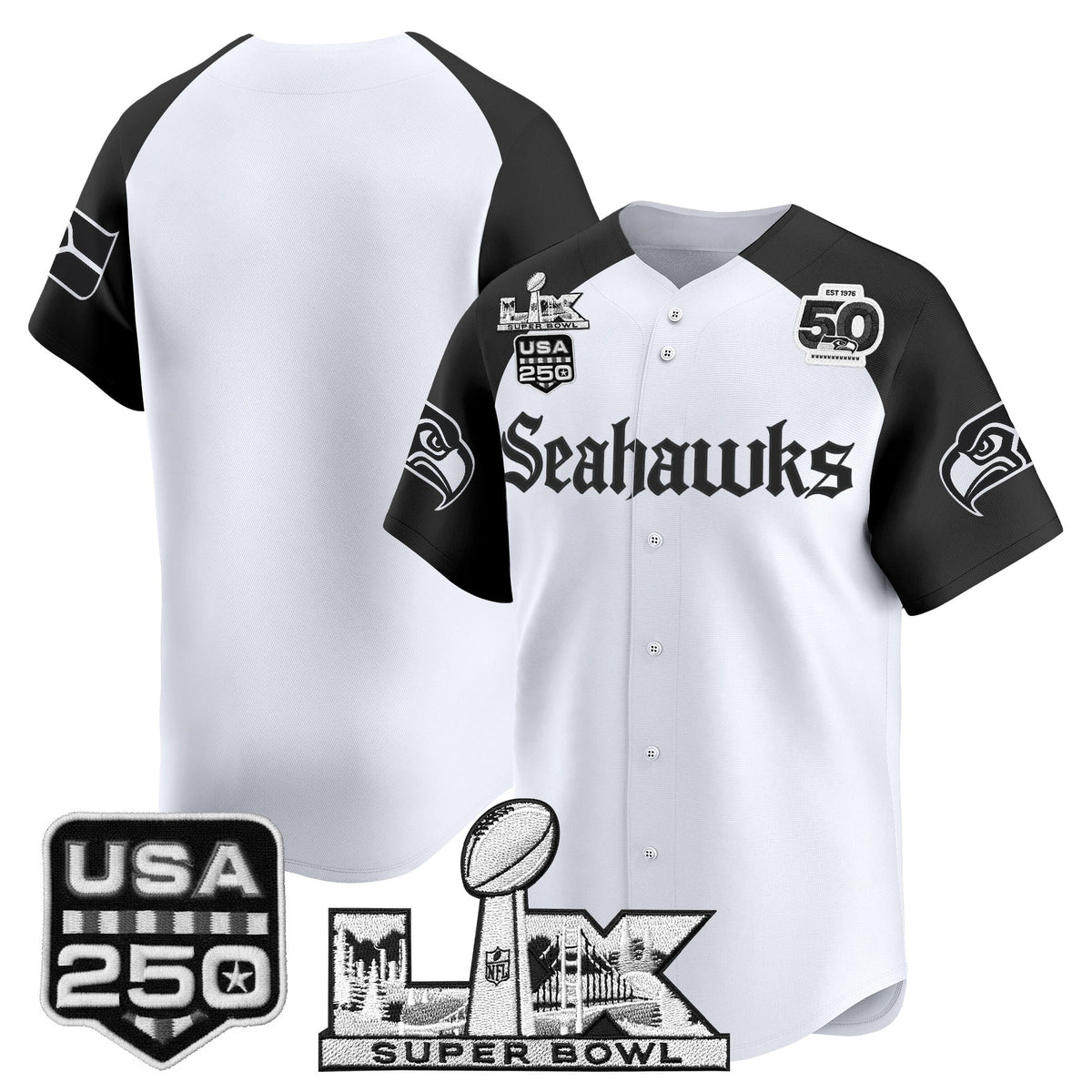 Men's Seattle Seahawks “Super Bowl LX & 50th Patch” Vapor Baseball Jersey - Gothic Edition - All Stitched