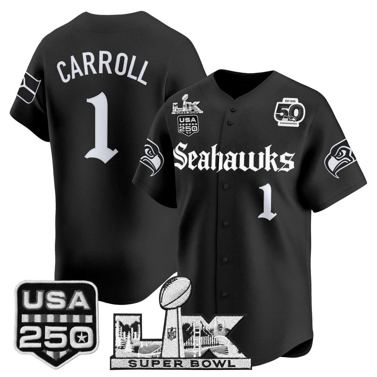 Men's Seattle Seahawks “Super Bowl LX & 50th Patch” Vapor Baseball Jersey - Gothic Edition - All Stitched