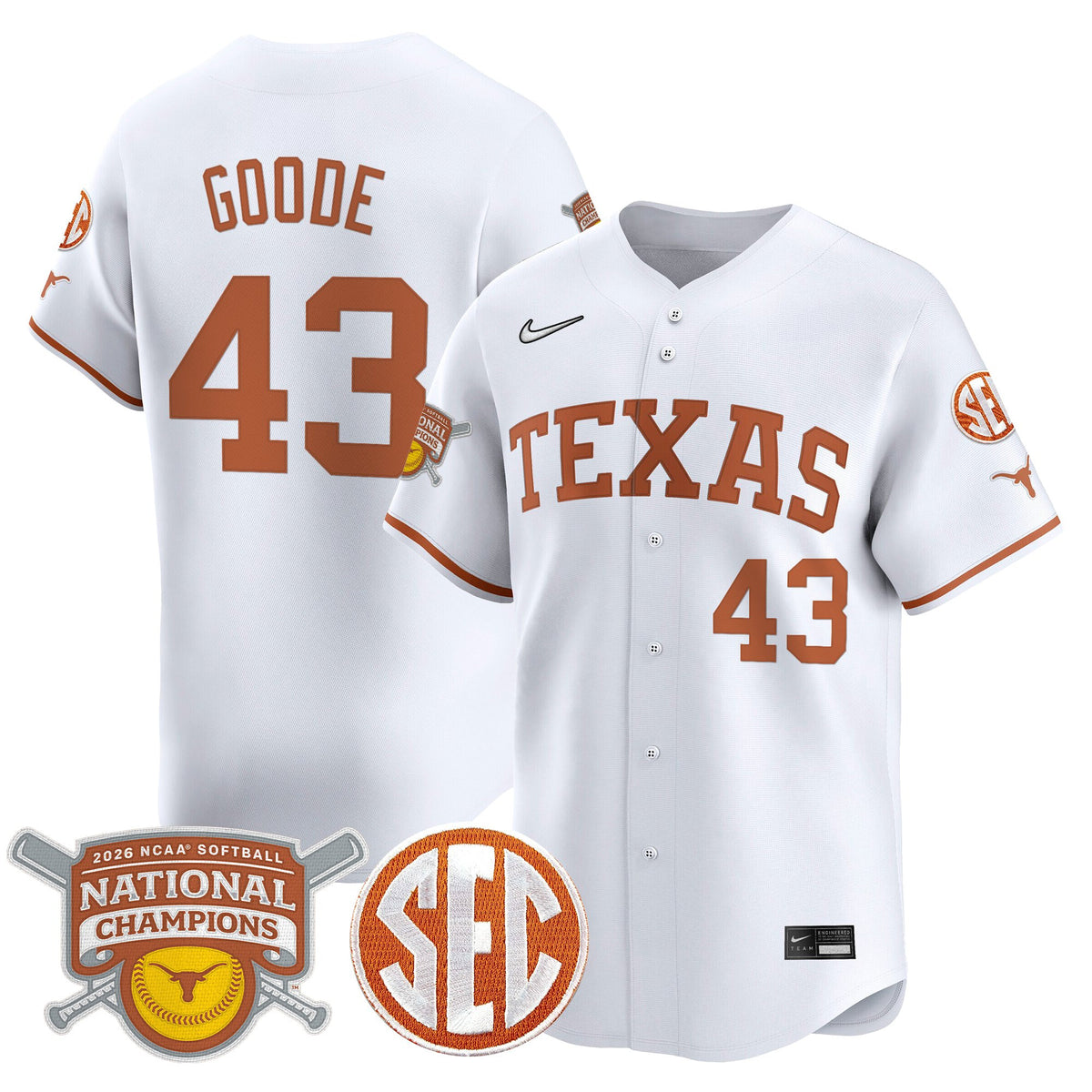 Men's size - Texas Longhorns 2026 Softball National Champions Vapor Premier Limited Jersey - All Stitched