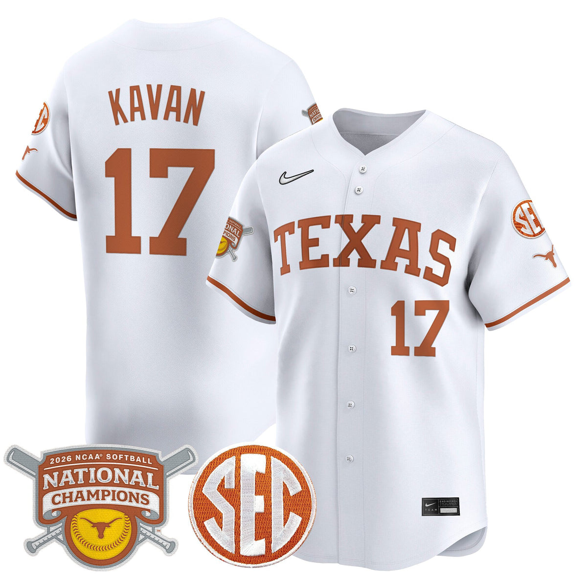 Men's size - Texas Longhorns 2026 Softball National Champions Vapor Premier Limited Jersey - All Stitched