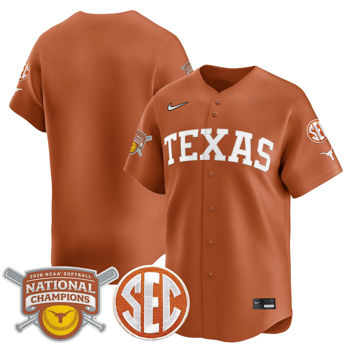 Men's size - Texas Longhorns 2026 Softball National Champions Vapor Premier Limited Jersey - All Stitched