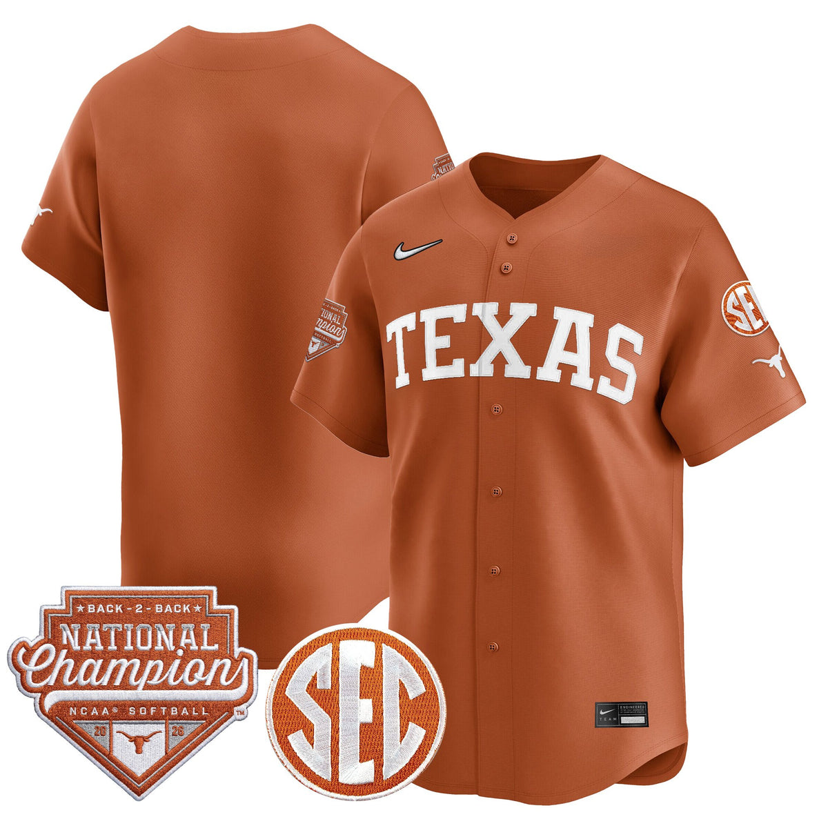 Men's Size - Texas Longhorns 2026 Back-To-Back World Series (WCWS) Champions Vapor Premier Limited Jersey - All Stitched