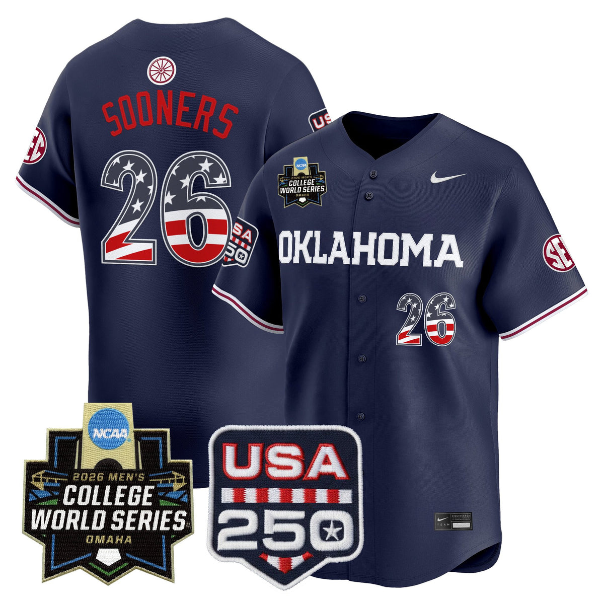 Men's Oklahoma Sooners USA 250 Fourth of July Vapor Premier Limited Jersey - 2026 World Series Patch - All Stitched