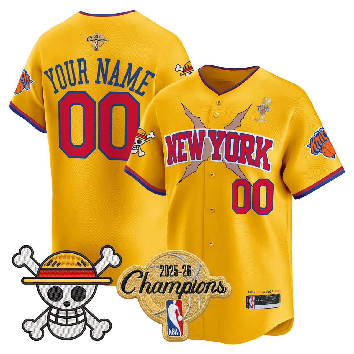 New York Knicks 2026 Champions Patch x One Piece Vapor Custom Baseball Jersey - All Stitched
