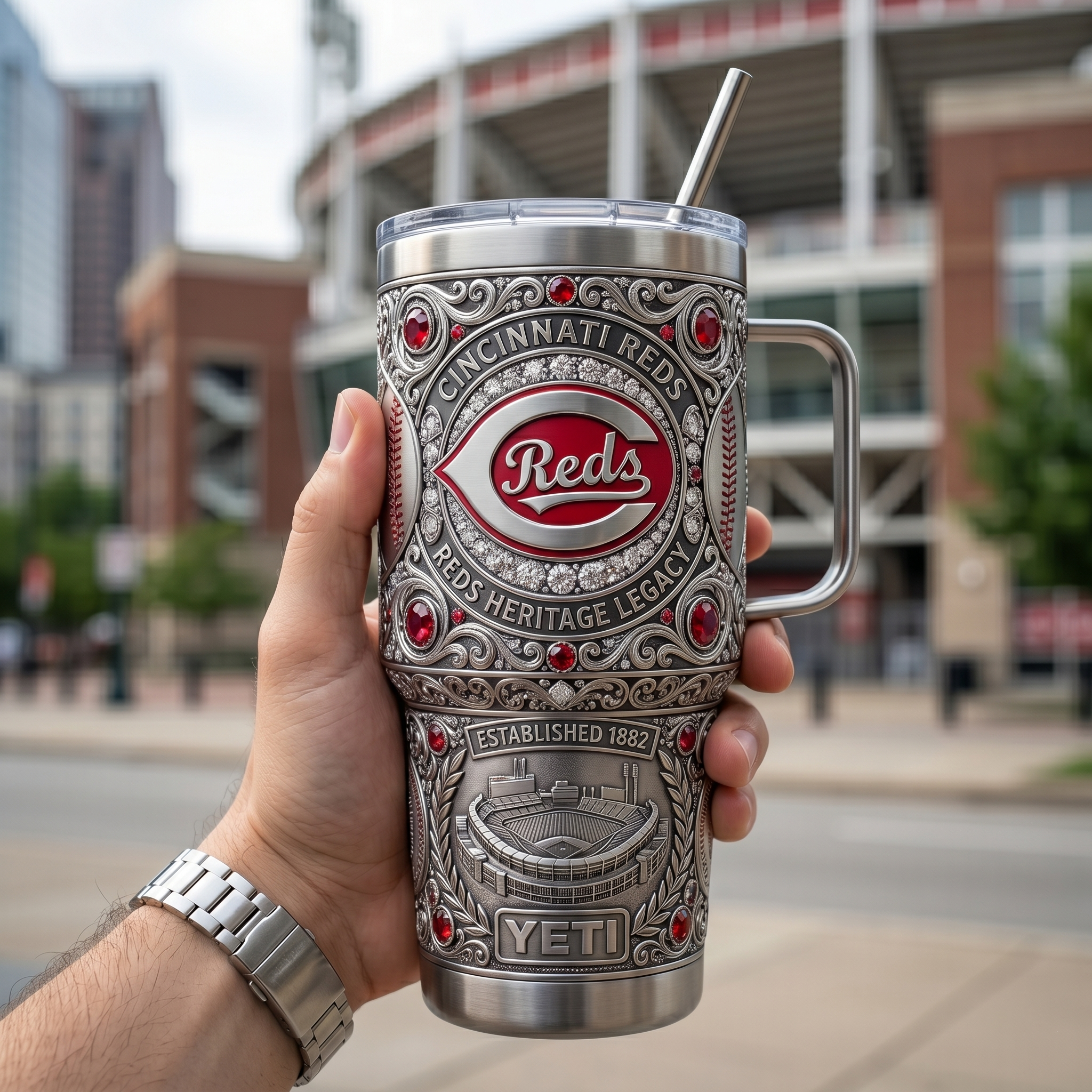 Cincinnati Reds 40 oz Tumbler with Handle and Lid